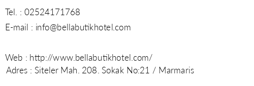 Bella Butik Hotel telefon numaralar, faks, e-mail, posta adresi ve iletiim bilgileri
